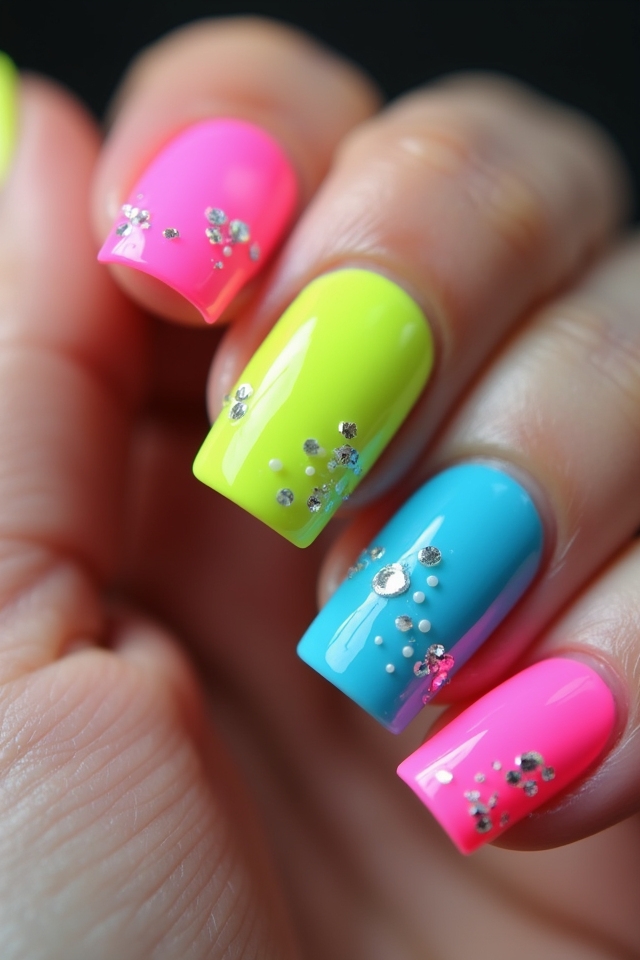 vibrant neon square nails