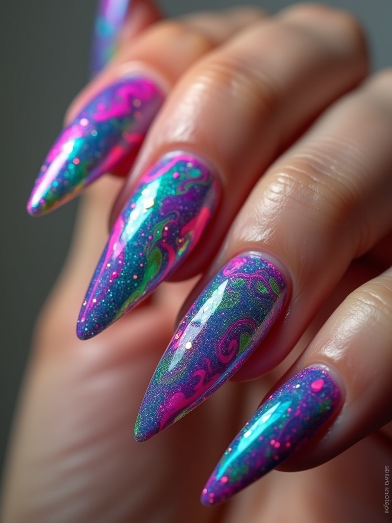 vibrant neon stiletto nails
