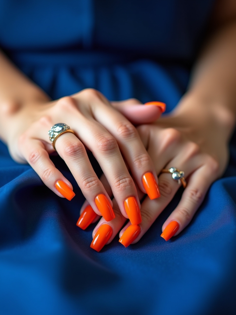 vibrant orange and blue nails