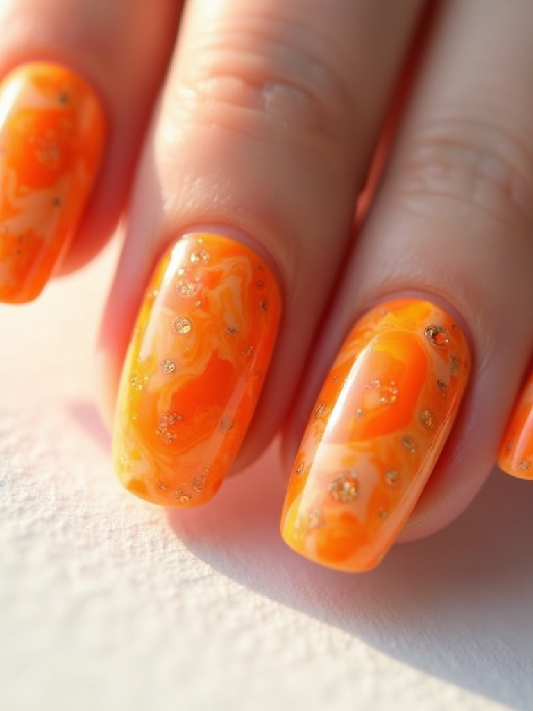 vibrant orange marble nails