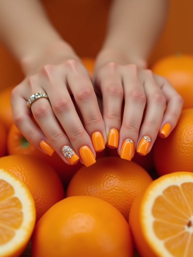 vibrant orange rhinestone manicure