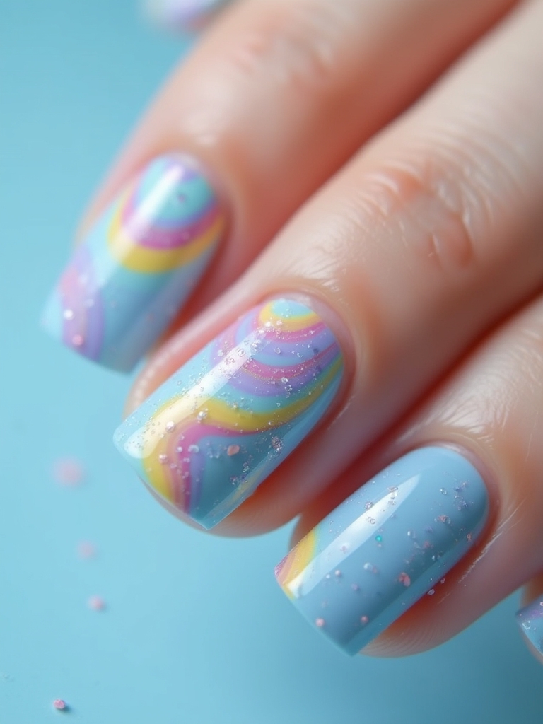 vibrant rainbow swirl nails