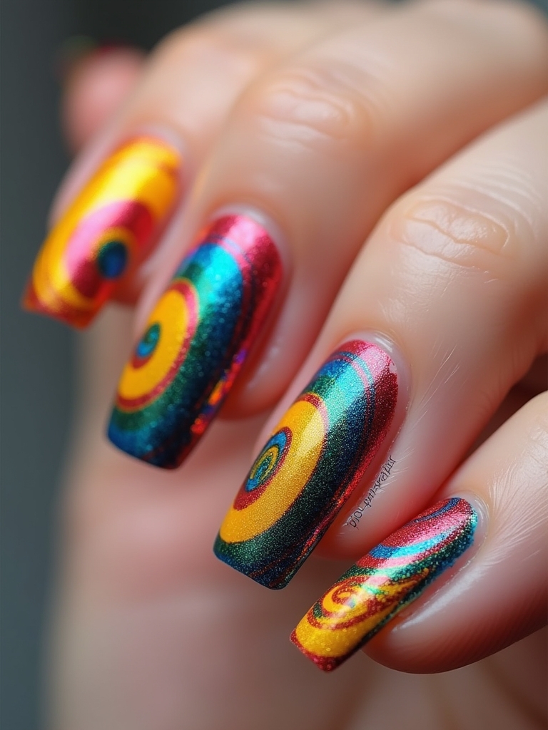 vibrant rainbow swirl nails
