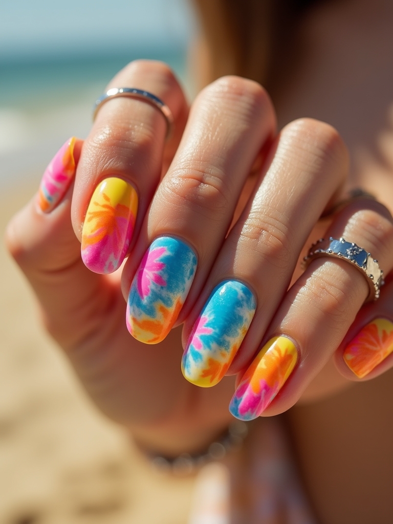 vibrant summer tie dye nails