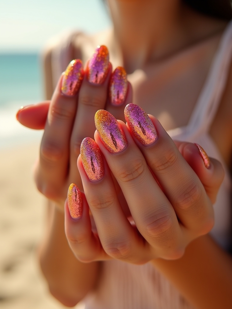 vibrant sunset glitter nails