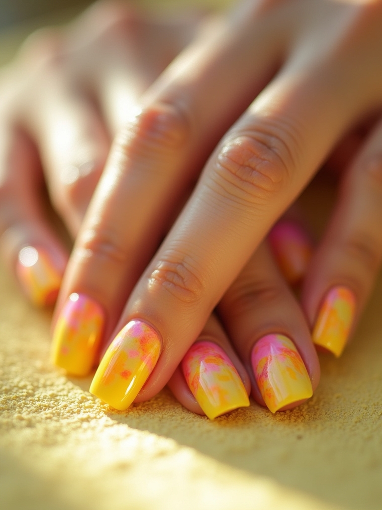 vibrant tie dye yellow nails