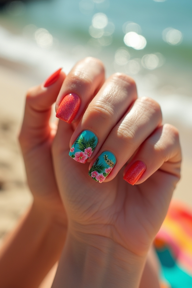 vibrant tropical floral nails