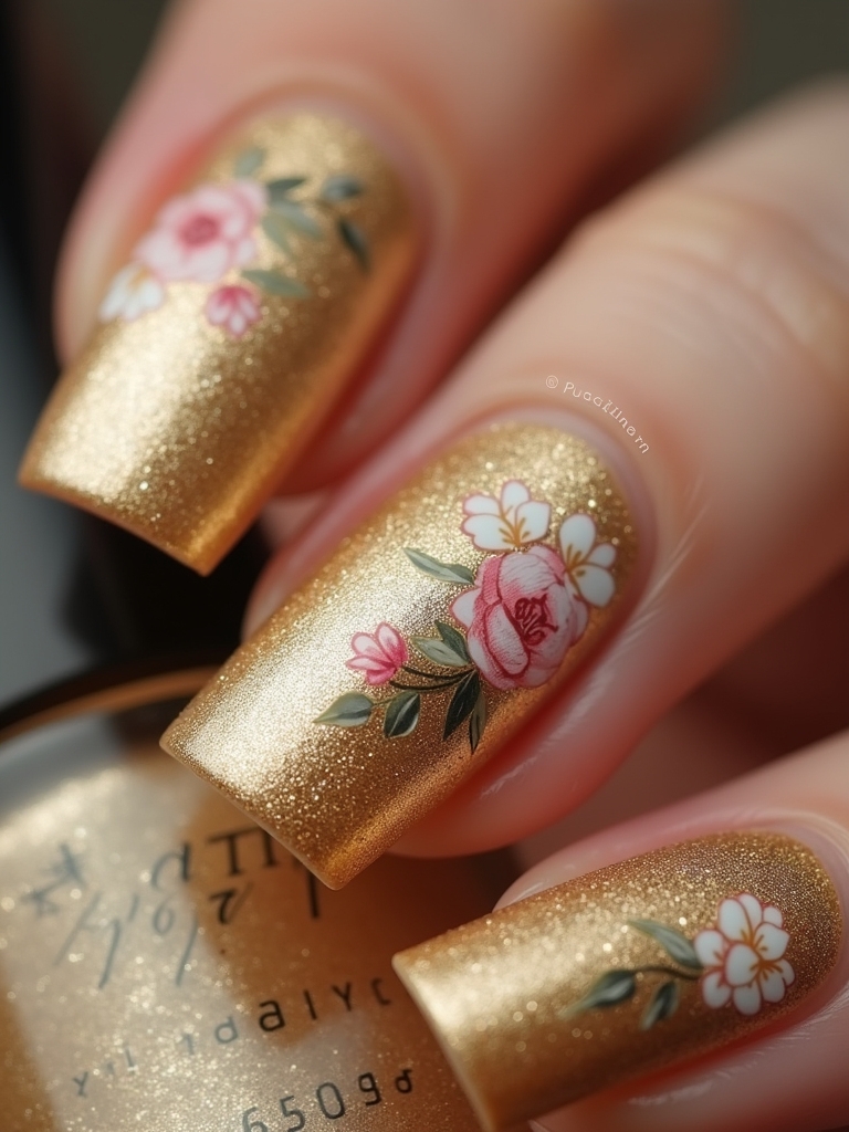 vintage floral gold nails