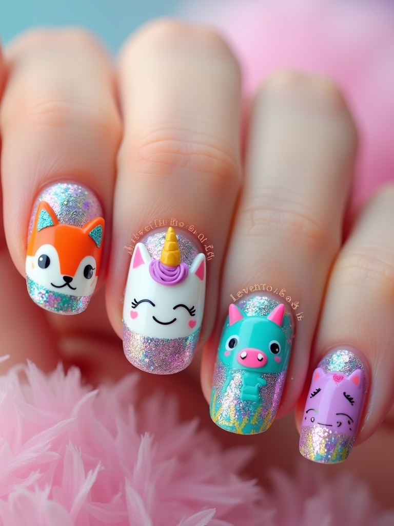 whimsical cartoon character nail art