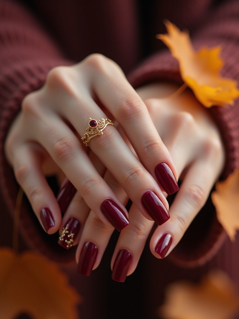 burgundy gold foil nails