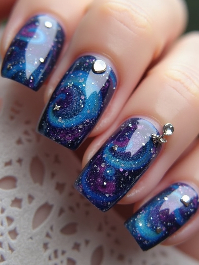 cosmic glitter nail design