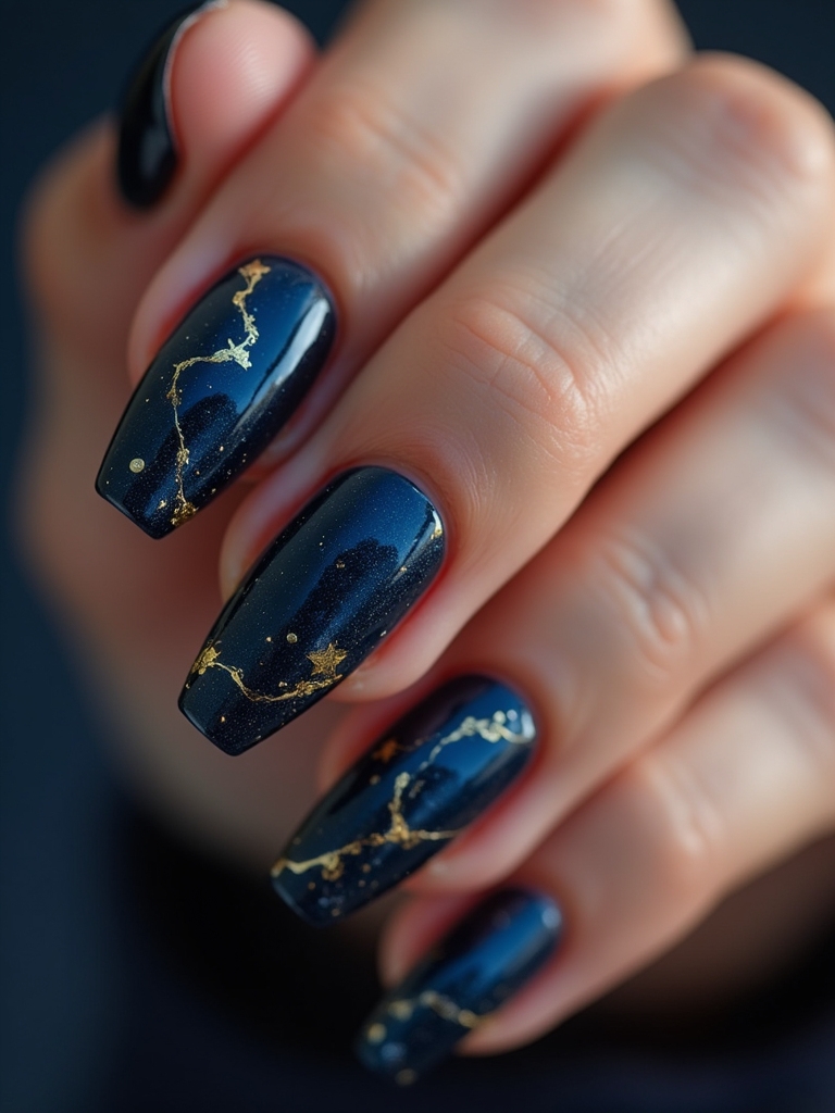 dark blue gold foil nails