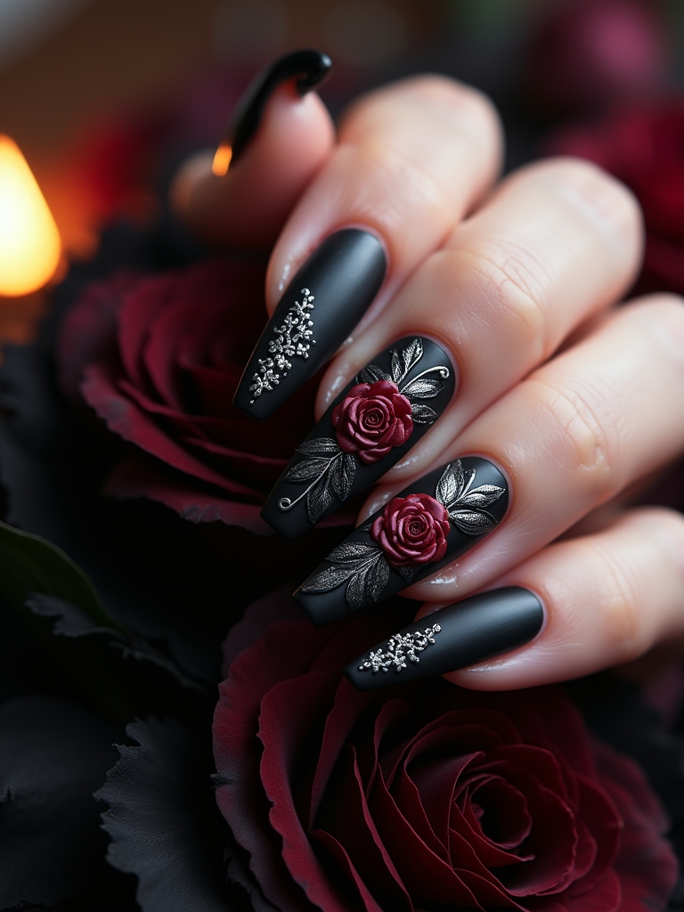 dark floral nail designs