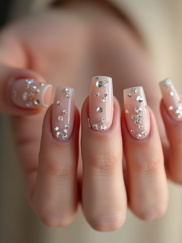 elegant nude rhinestone nails