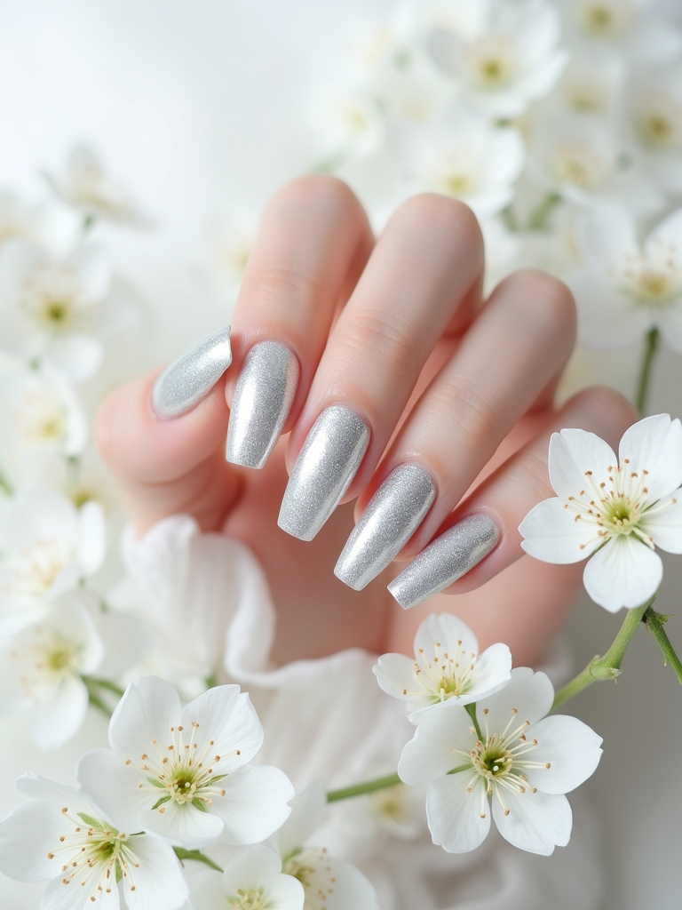 elegant silver floral nails