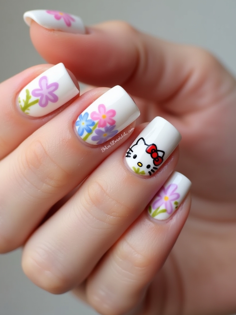floral hello kitty nail art