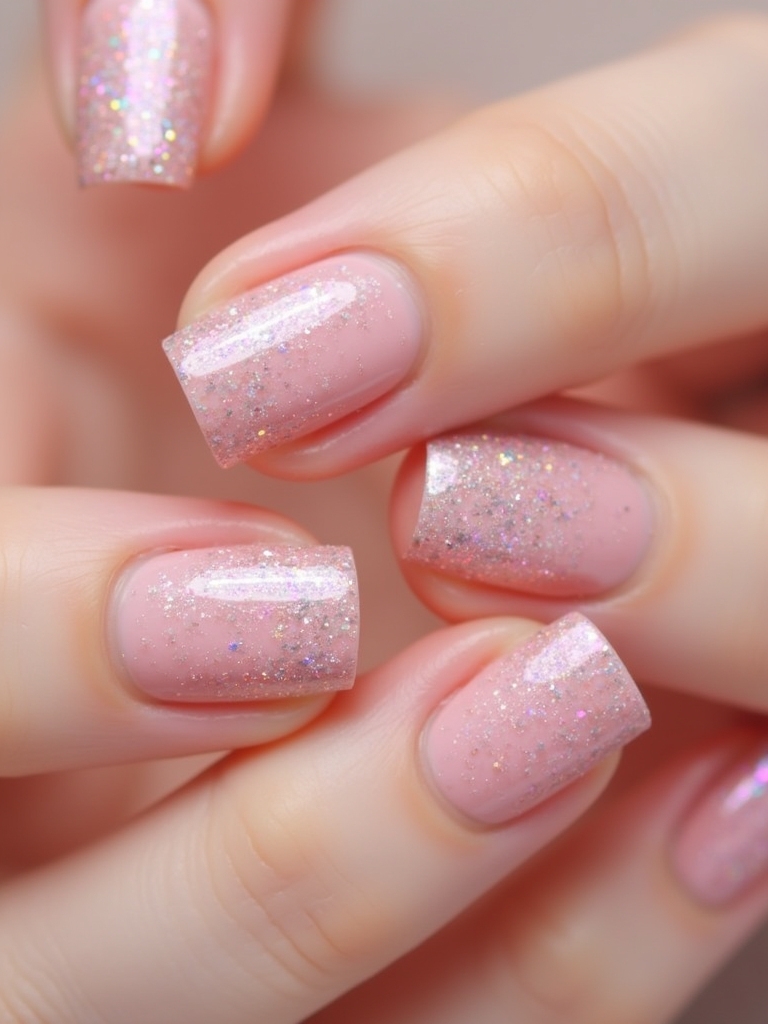 glittery baby pink manicure
