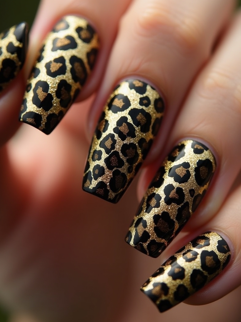 glittery gold leopard nails