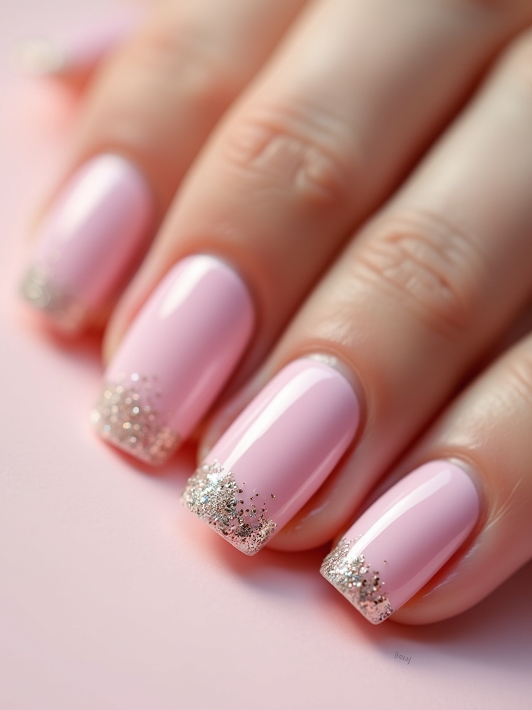 glittery light pink manicure