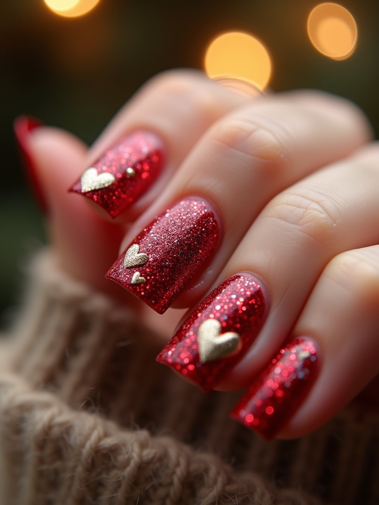glittery red heart nails