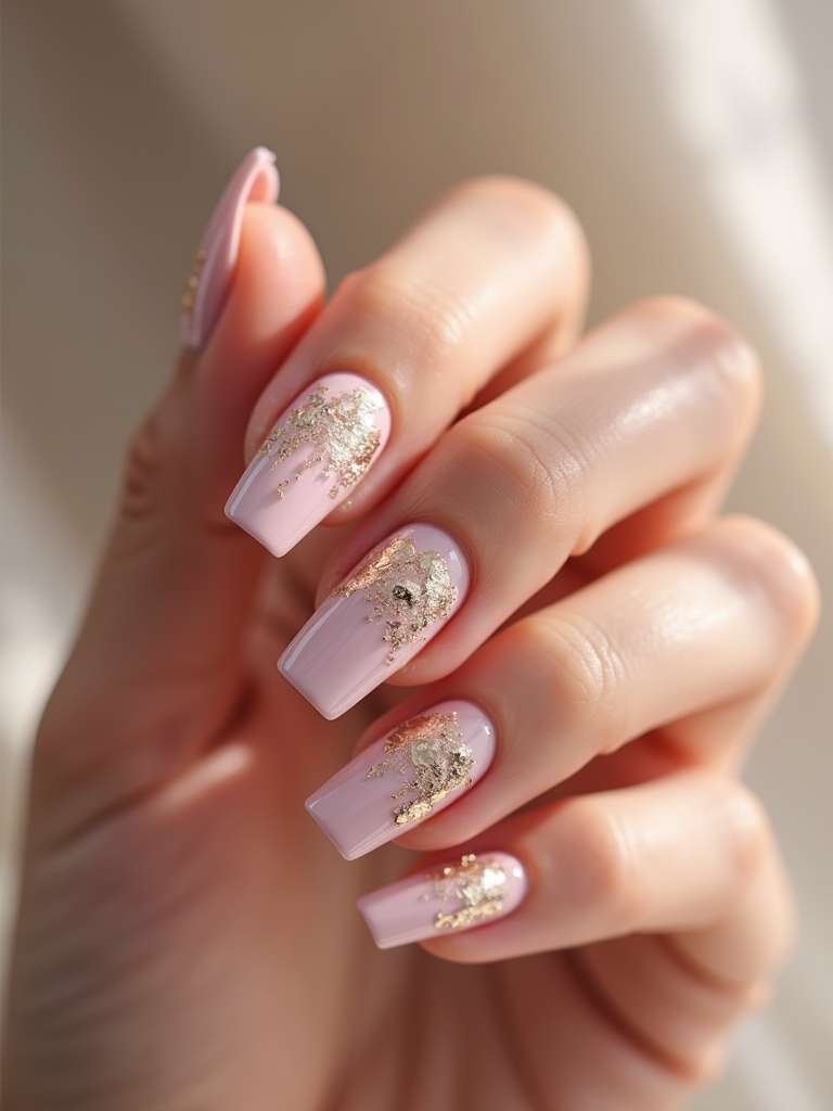 gold foil light pink manicure