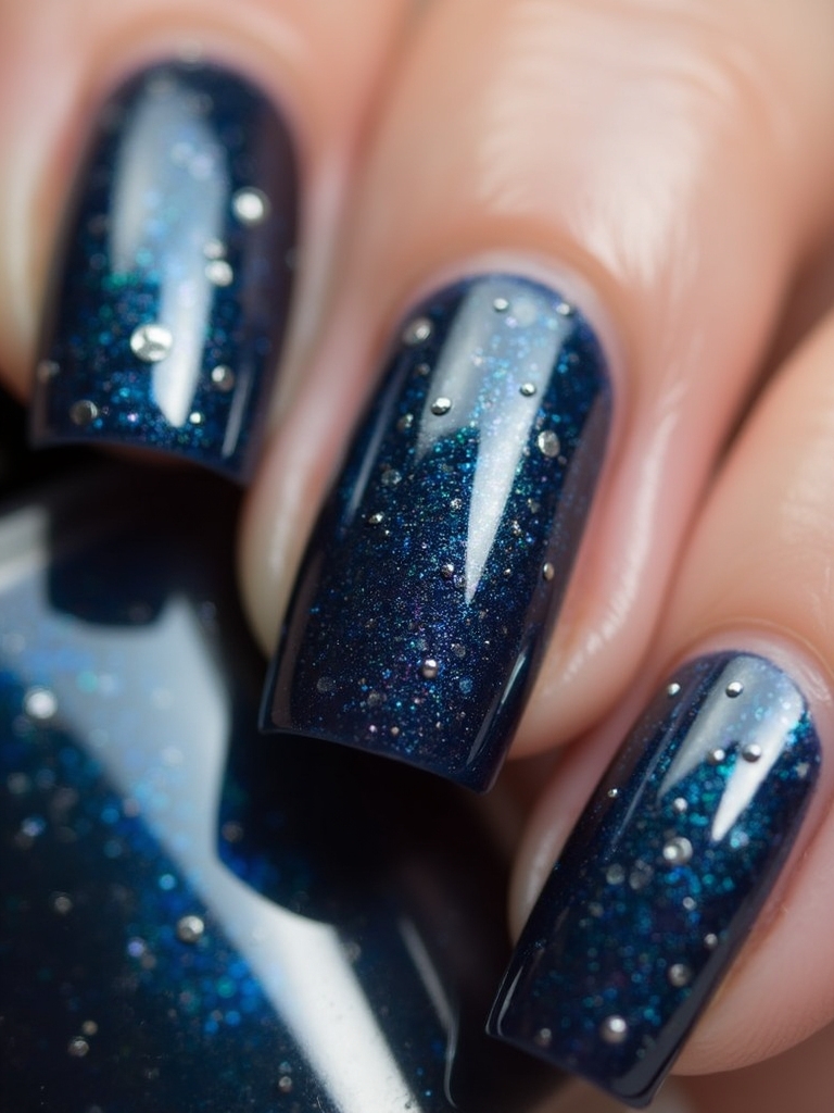 metallic dark blue manicure