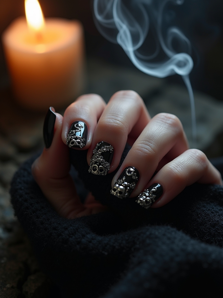 moonlit skulls nail designs