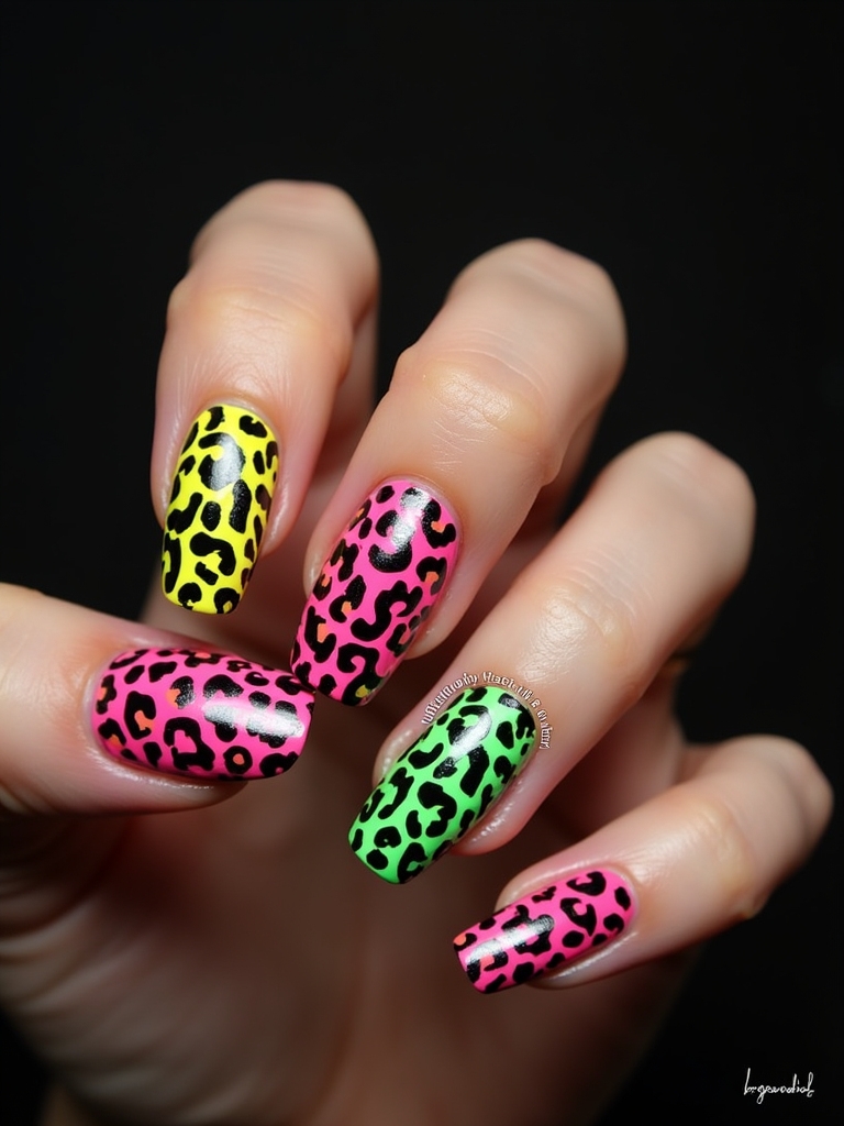 neon leopard accent nails