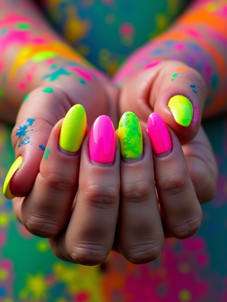 neon splatter nail art