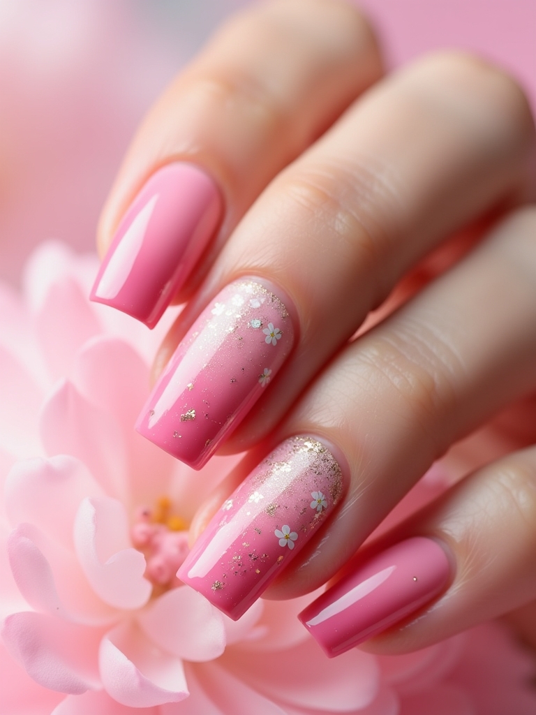 pink ombre floral nails