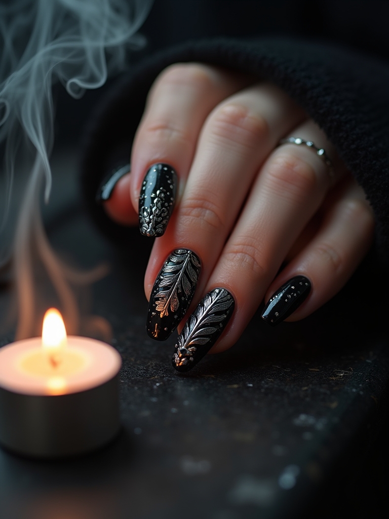 raven feather nail art