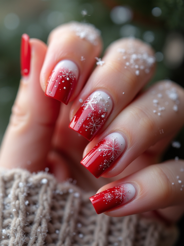 red ombre snowflake nails