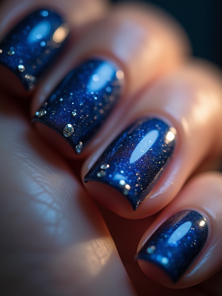rhinestone enhanced dark blue nails