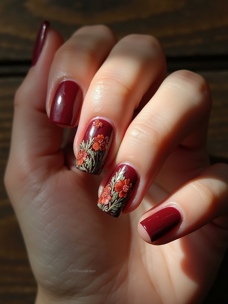 rustic red floral nails
