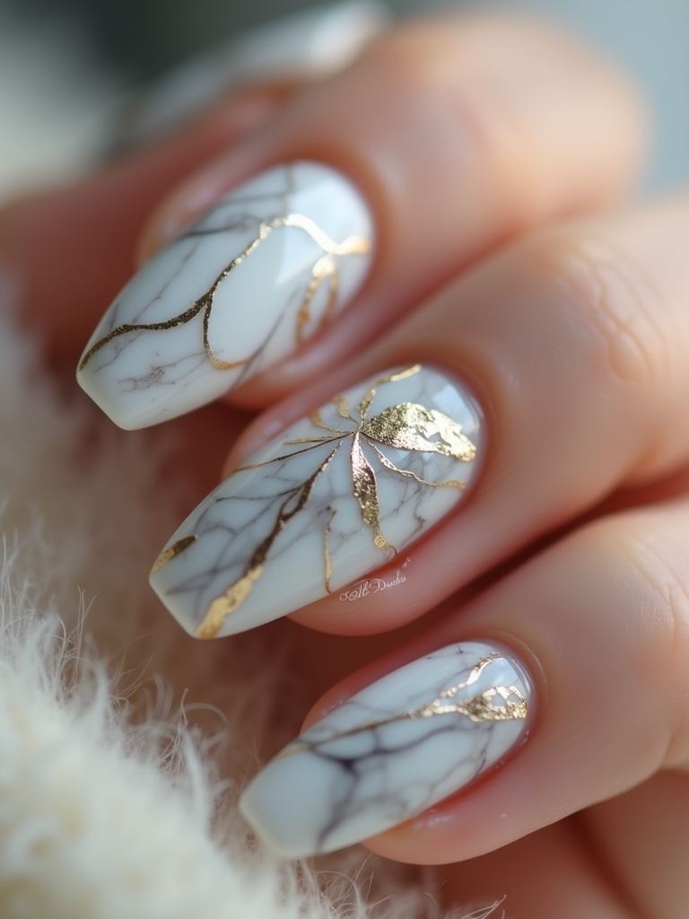sophisticated marble gold nails