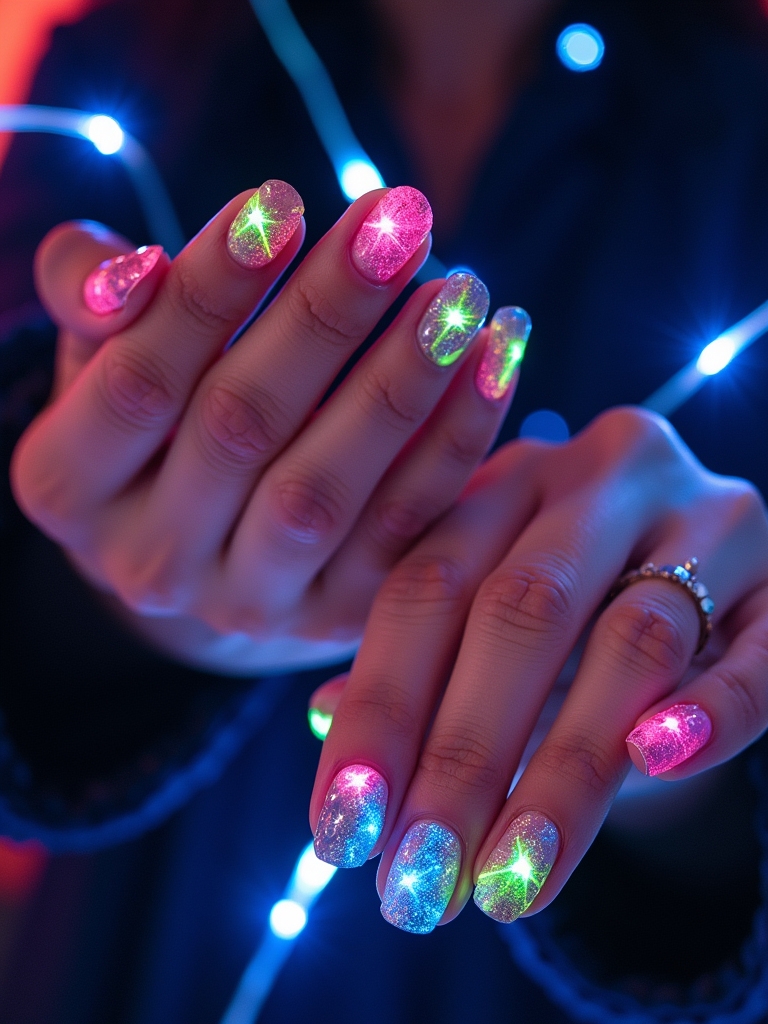 sparkling neon star nails