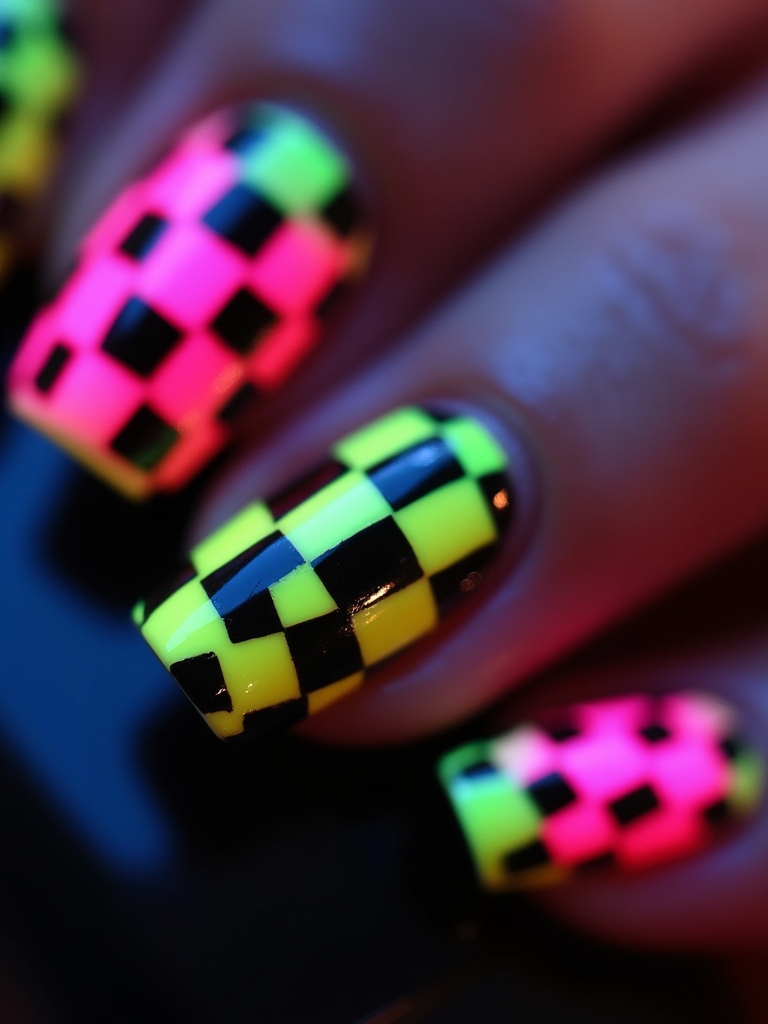 vibrant neon checkerboard nails