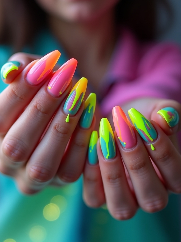 vibrant neon drip nails