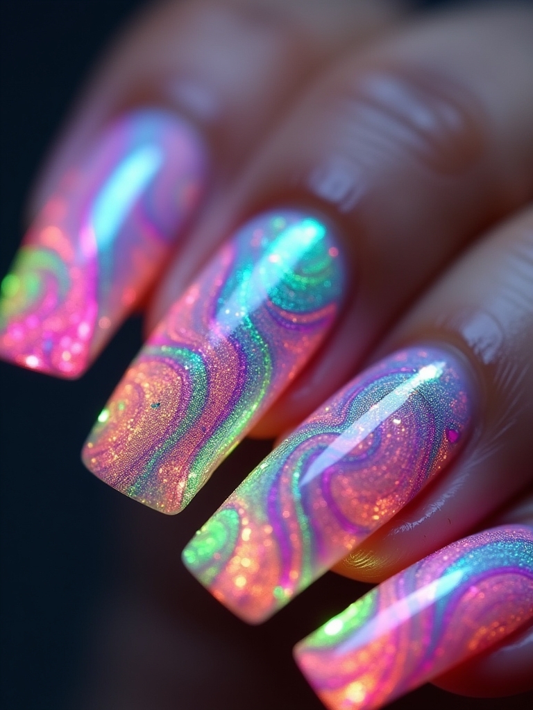 vibrant neon marble nails