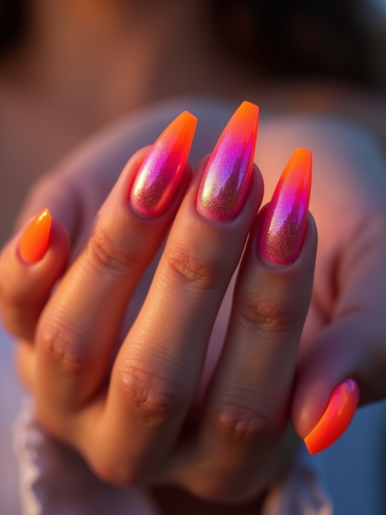 vibrant neon sunset nails