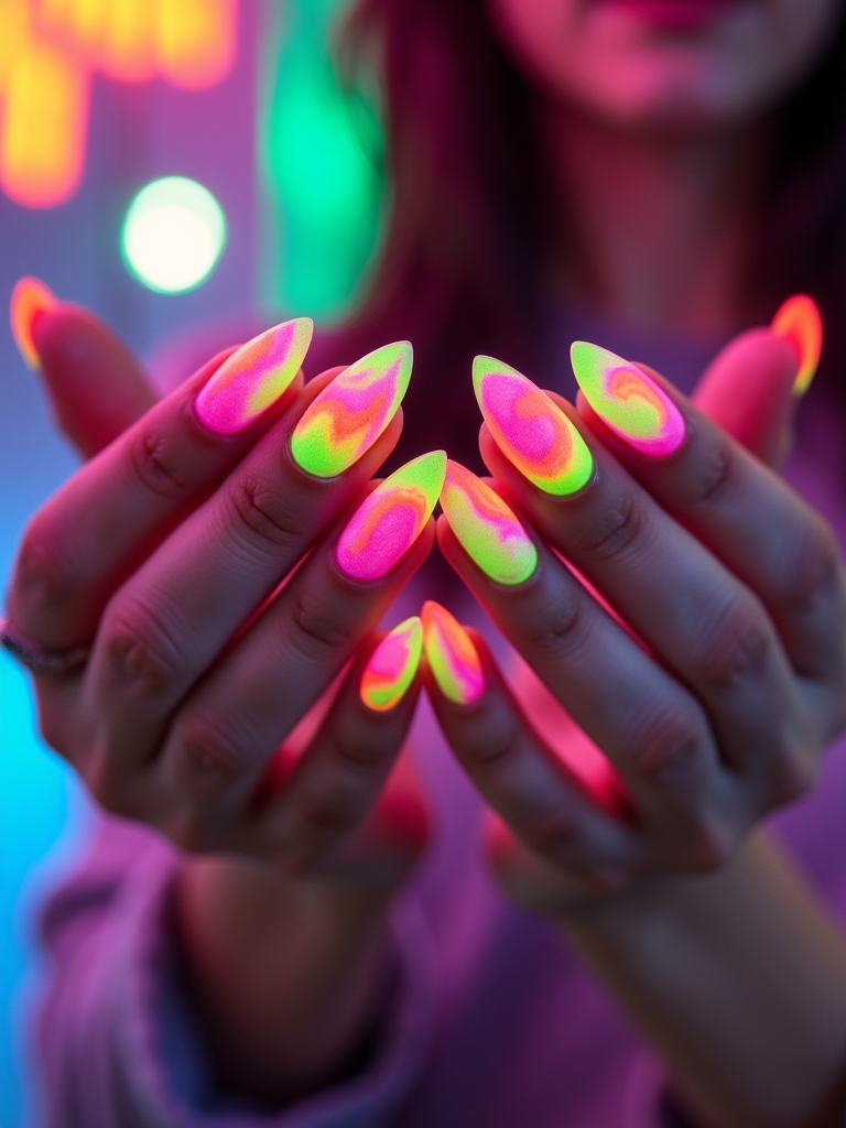 vibrant neon tie dye nails