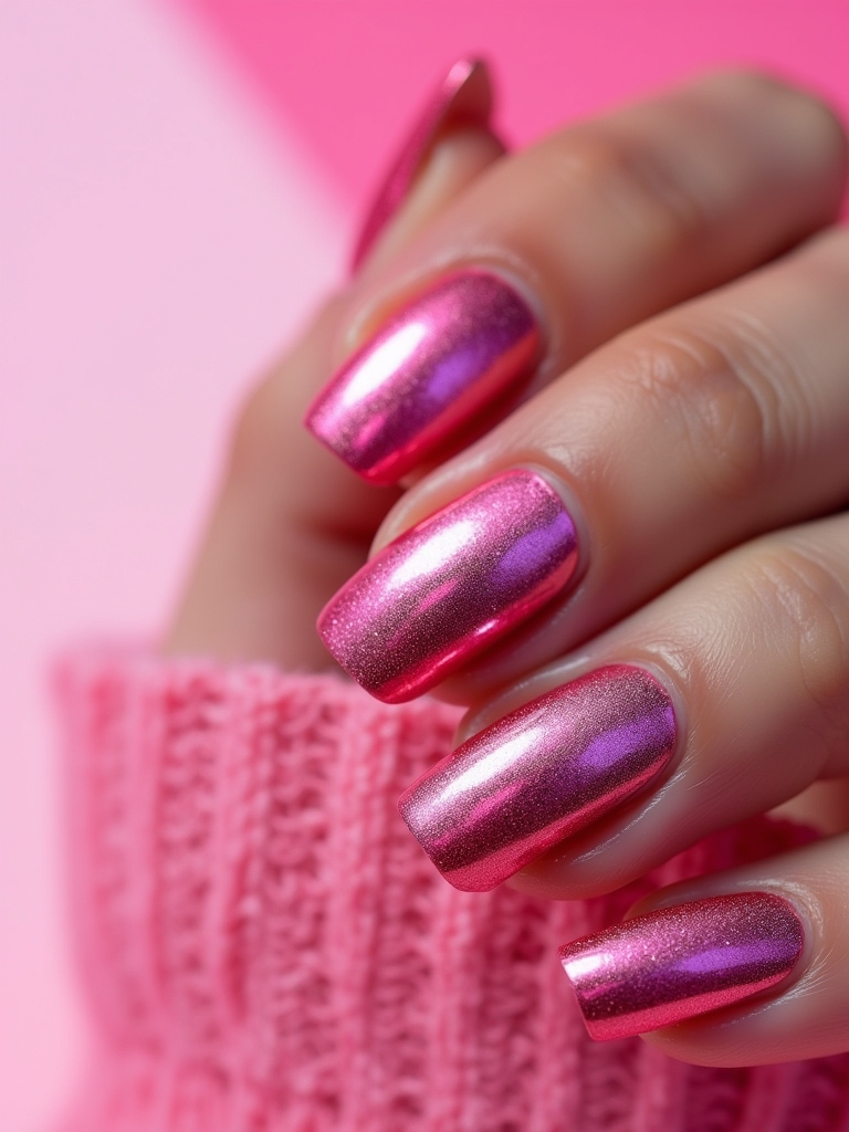 vibrant pink chrome manicure