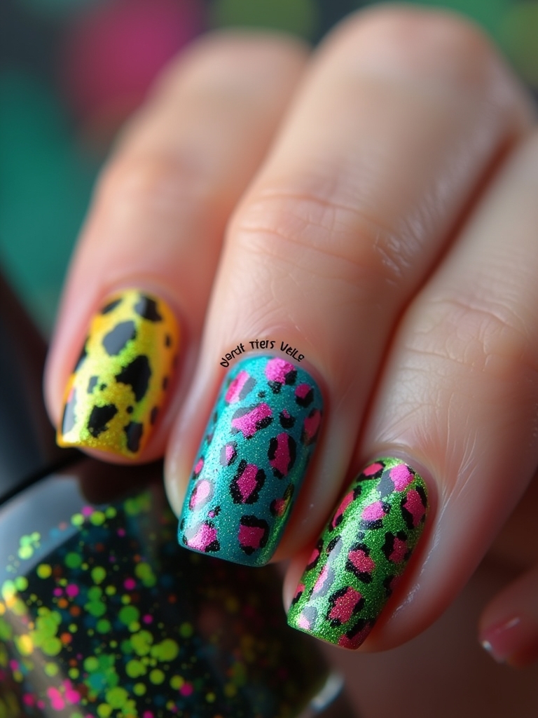 vibrant rainbow leopard nails