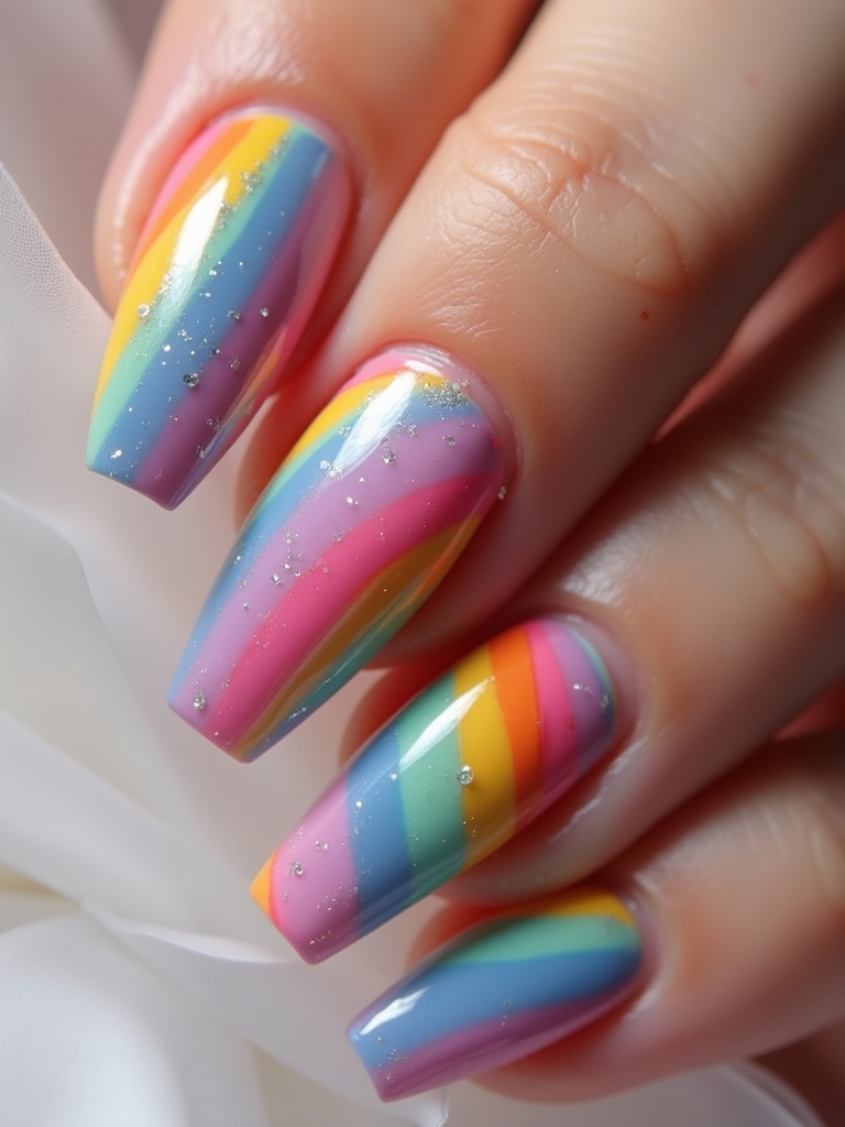 vibrant rainbow stripes nails