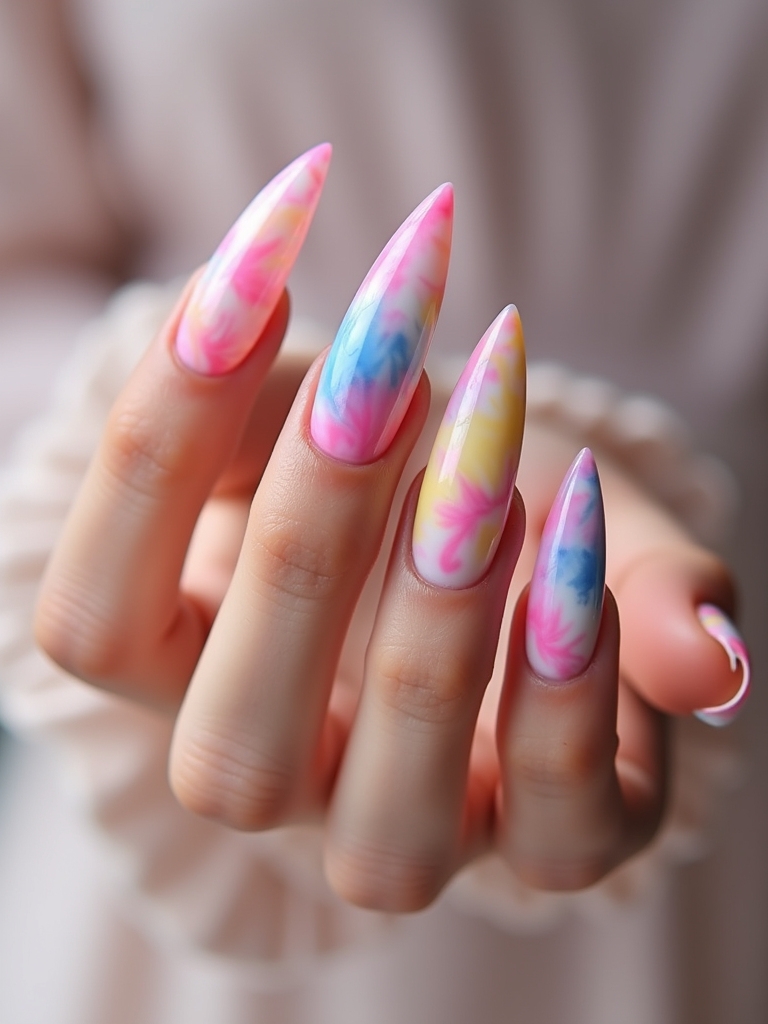 vibrant tie dye ballerina nails