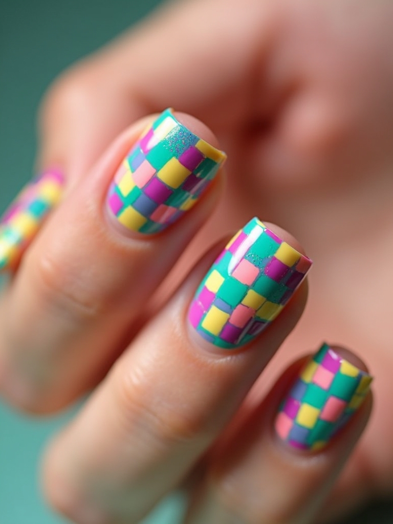whimsical colorful checkerboard nails